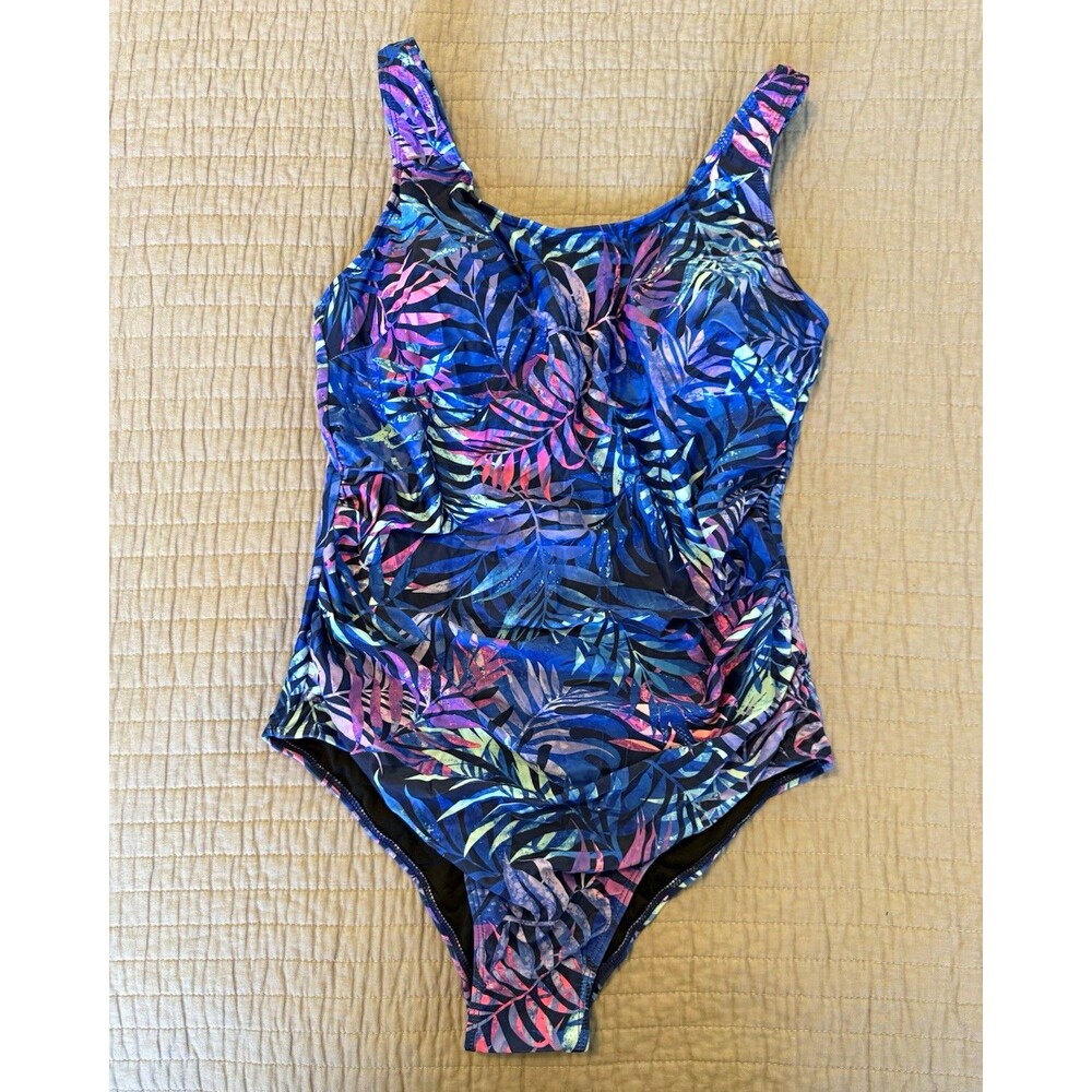 Daci Women’s Plus 16W D Cup One Piece Swimsuit Tropical Blue Purple Pink